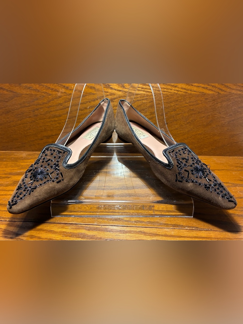 Y2K VTG Oscar de la Renta Oscar Beaded Suede Smoking Loafers Brown Black Size 9 - Picture 3 of 11